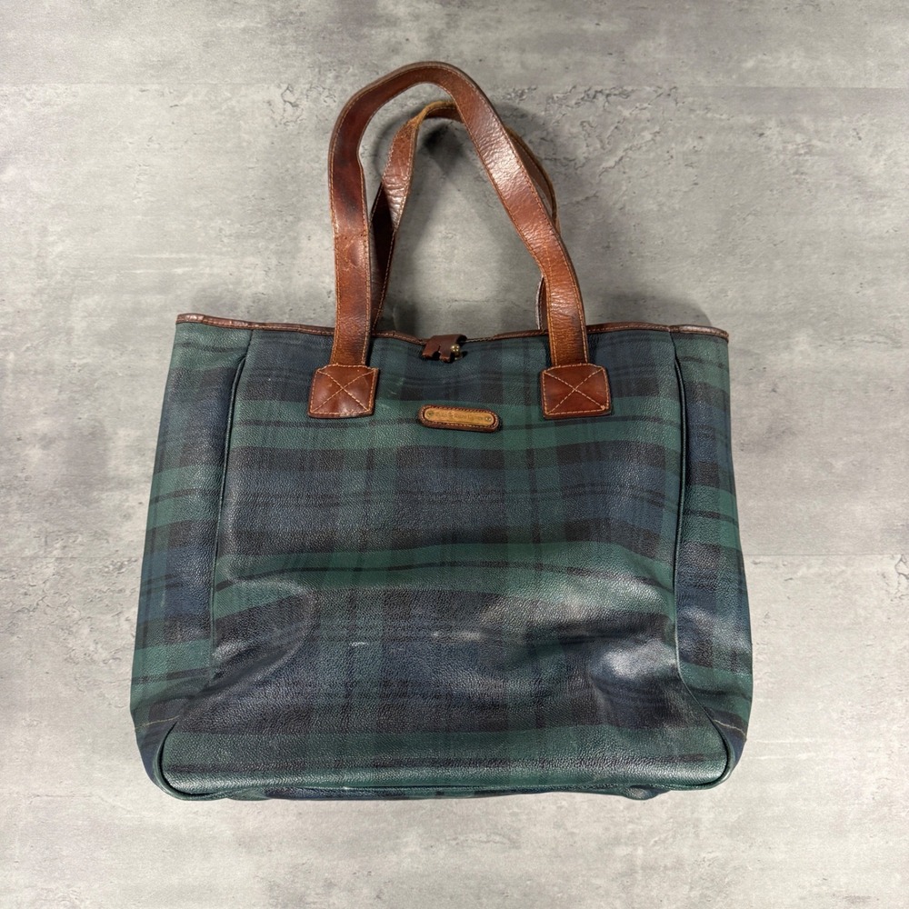 Vintage Polo Ralph Lauren Tote Bag Green Black Watch Tartan Plaid Leather Trim